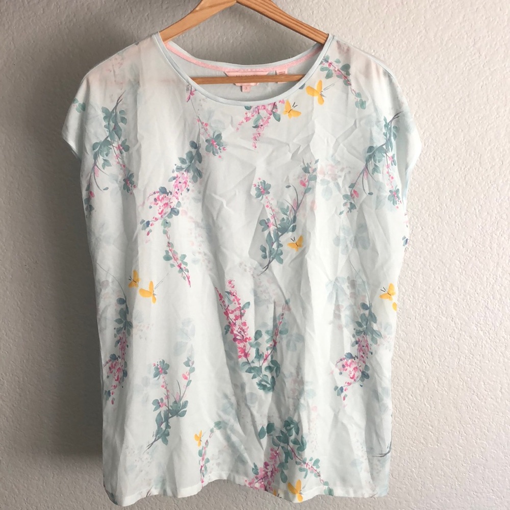 Ted Baker Light Green Floral Cap Sleeve Top Size 3 (US 8)